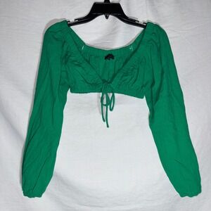 Ava & Ever Green Linen Blend Tie Front Long Sleeve Crop Top Womens Size 6